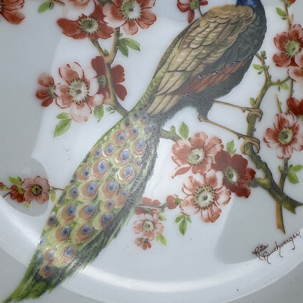 Rita Rauchwerger Hand Painted Elegant White Porcelain Plate with Peacock - Picture 5 of 13
